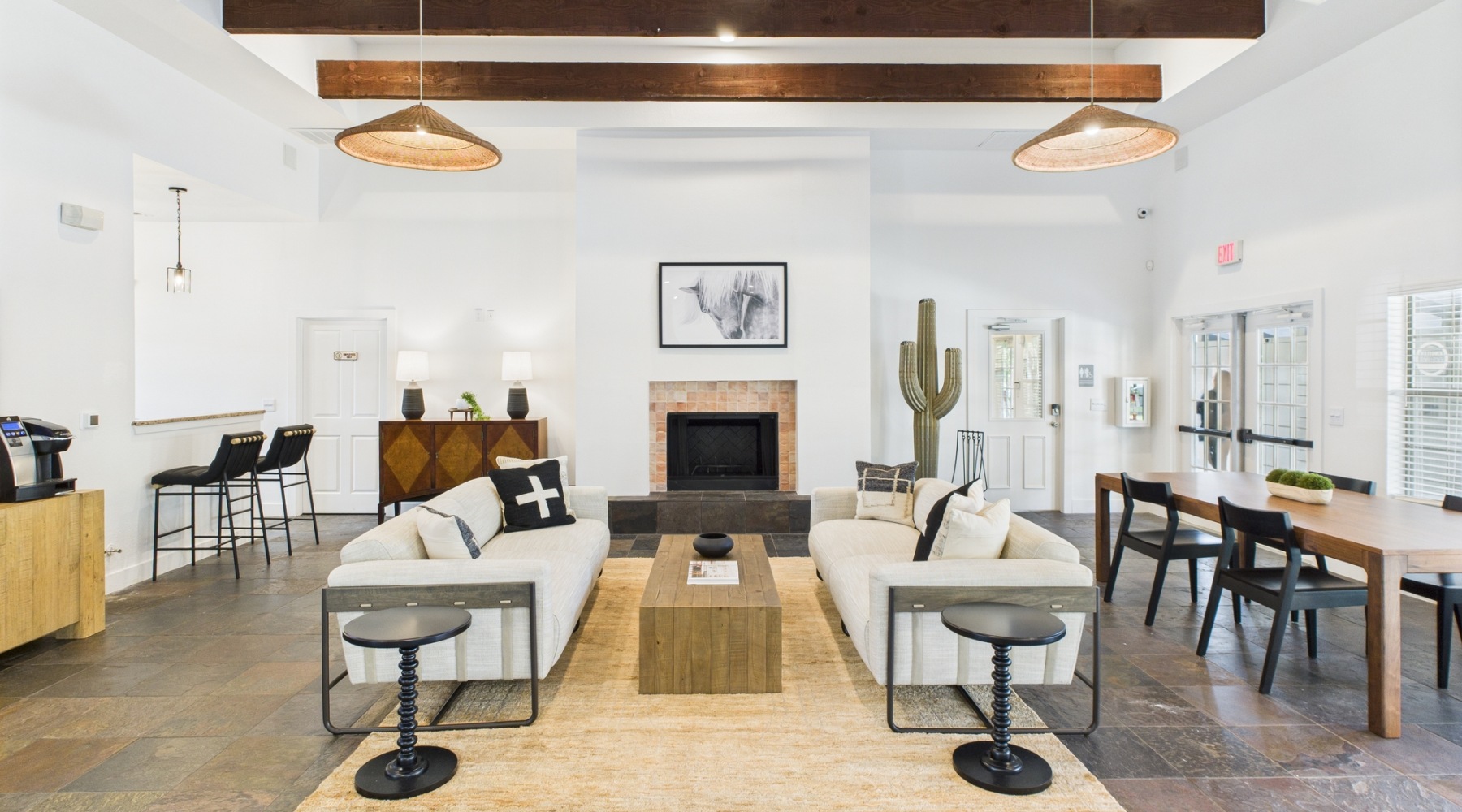 Clubhouse with beams and furniture