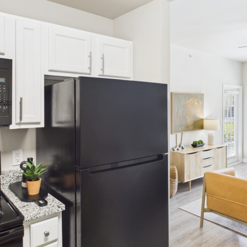 Kitchen with white cabinets and black appliances